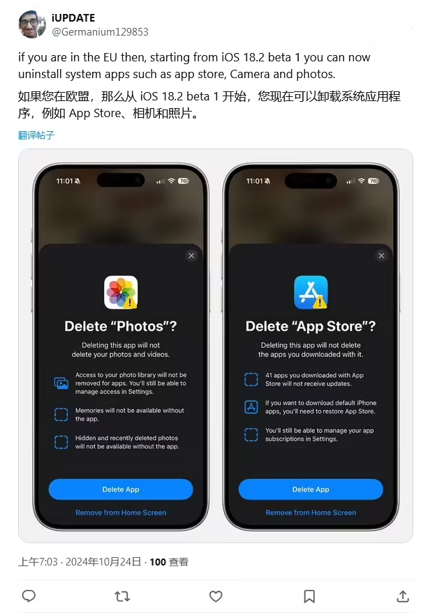 抚松苹果手机维修分享iOS 18.2 支持删除 App Store 应用商店 