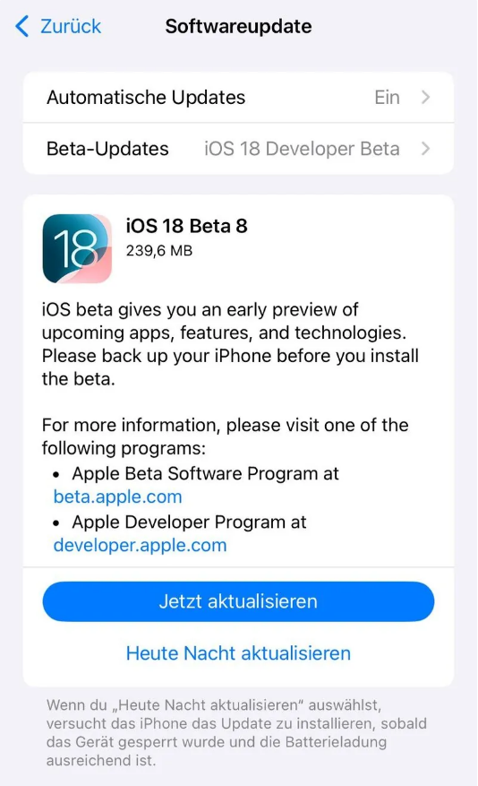 抚松苹果手机维修分享苹果 iOS / iPadOS 18 开发者预览版 Beta 8 发布 